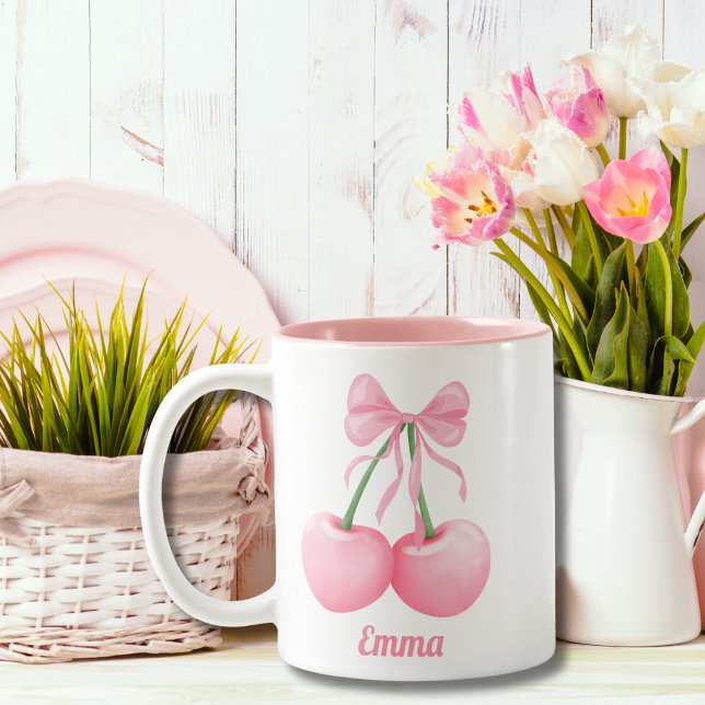 Caneca De Café Em Dois Tons Cerejas Vermelhas Elegantes e Modernas com Arco Ro (Criador carregado)