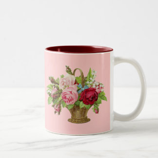 Caneca De Café Em Dois Tons Cesta cor-de-rosa da flor do vintage