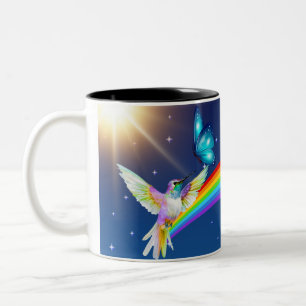 Caneca De Café Em Dois Tons Céu Noturno, Dois Pássaros, Borboletas e um Arco-Í