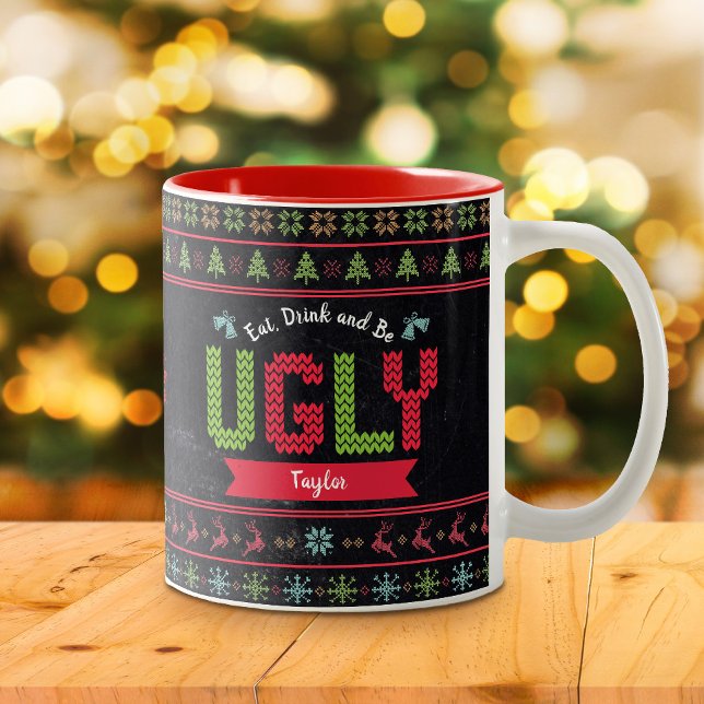 Caneca De Café Em Dois Tons Chalkboard de suéter nórdico de Natal feio (Criador carregado)