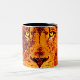 Caneca De Café Em Dois Tons Chamas Vermelhas Laranja Vermelhas Face A Leão Que