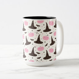 Caneca De Café Em Dois Tons Chapéus de bruxas, abóboras e morcegos