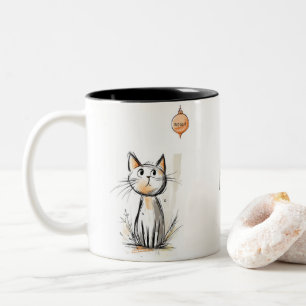 Caneca De Café Em Dois Tons Charmoso Gato Laranja numa Ilustração de Jardim