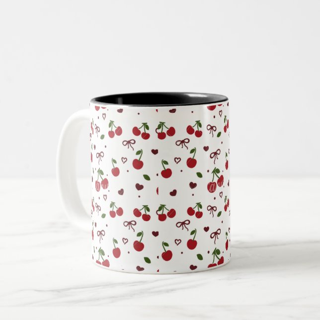 Caneca De Café Em Dois Tons Cherry & Bow Pattern Coffee Mug  (Frente Esquerda)