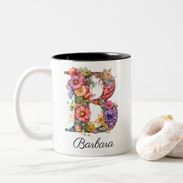 Caneca De Café Em Dois Tons Chic - Letra B | Whimsical Floral Monograma (Com Donut)