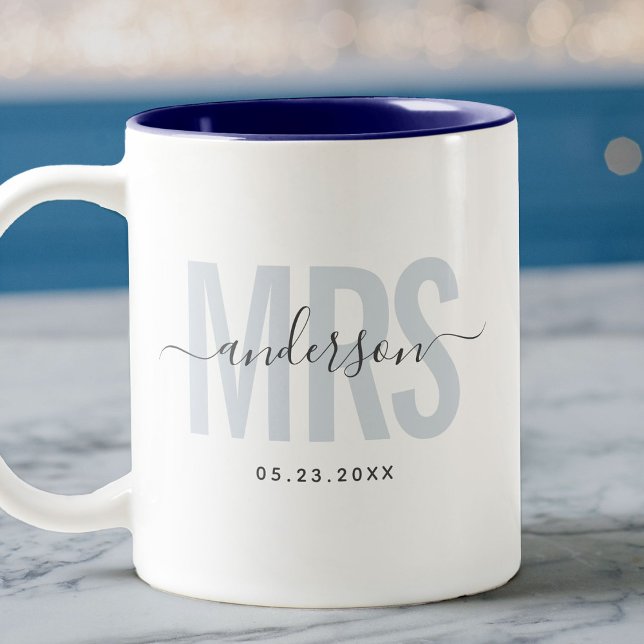 Caneca De Café Em Dois Tons Chic Nova Data de Casamento Nome Personalizado Azu (Criador carregado)