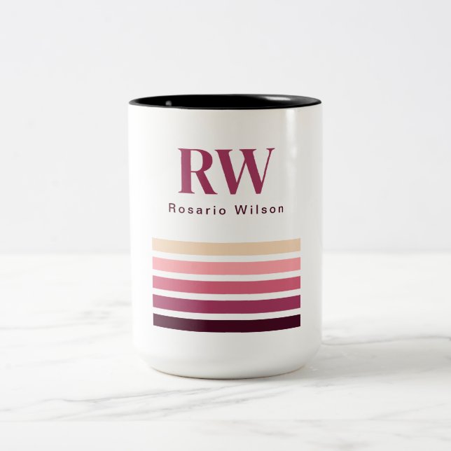 Caneca De Café Em Dois Tons Chic Retro Stripes Monogram Coffee Mug (Centro)