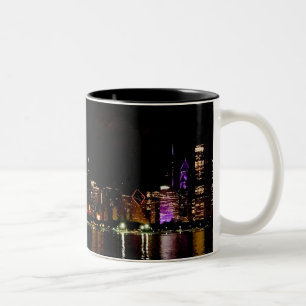 Caneca De Café Em Dois Tons Chicago Skyline na noite Mug Café de Dois Tonelad