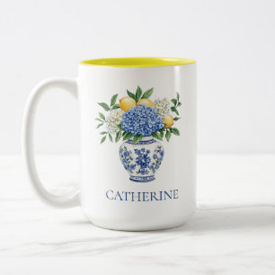 Caneca De Café Em Dois Tons Chinoiserie azul e branca com Hydrangeas