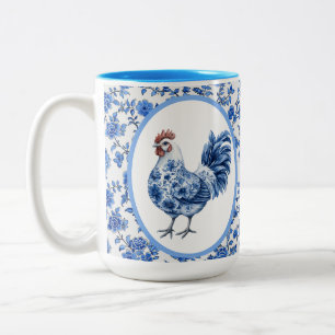 Caneca De Café Em Dois Tons Chinoiserie Azul Floral Com Galo  