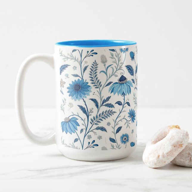 Caneca De Café Em Dois Tons Chinoiserie Blue Echinacea Pattern (Com Donut)
