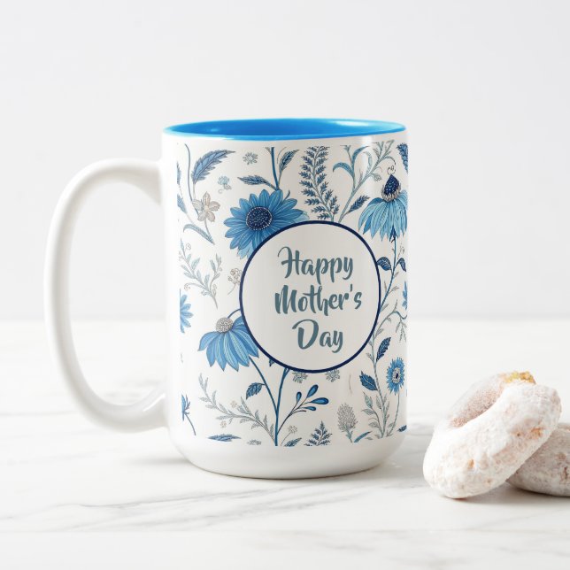 Caneca De Café Em Dois Tons Chinoiserie Blue Echinacea Pattern (Com Donut)