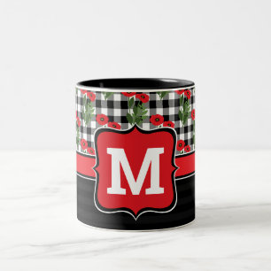 Caneca De Café Em Dois Tons Chique Vermelho, Preto e Branco Poppies Monograma