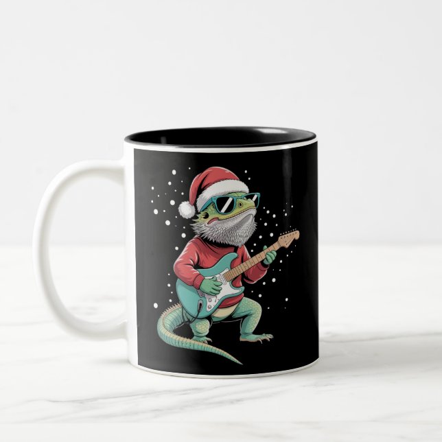Caneca De Café Em Dois Tons Christmas Bearded Dragon Playing Guitar Musician  (Esquerda)