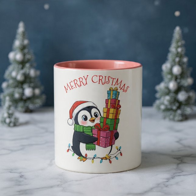 Caneca De Café Em Dois Tons Christmas Cute Penguin Carrying Gifts (Criador carregado)