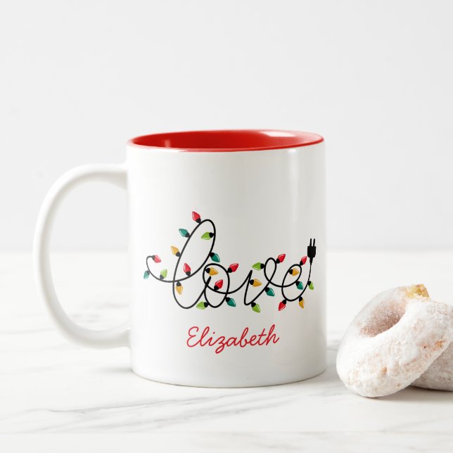Caneca De Café Em Dois Tons Christmas Lights Love (Com Donut)