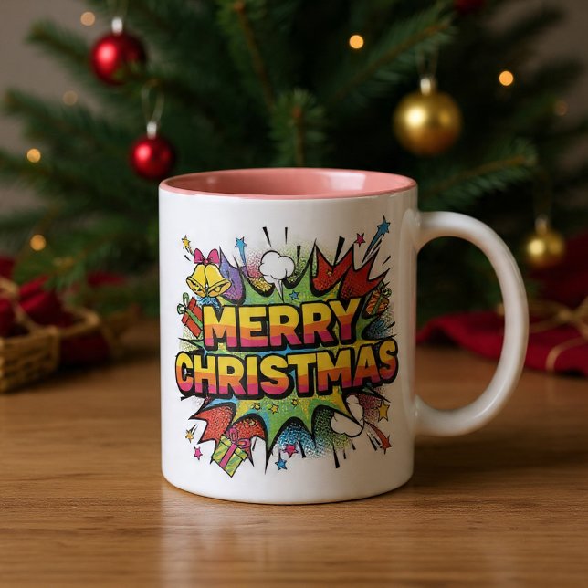 Caneca De Café Em Dois Tons Christmas Pop Art Comic Explode (Criador carregado)