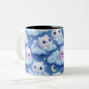 Caneca De Café Em Dois Tons "Chubby Kawaii Cats and Clouds 3D Padrão Invisível
