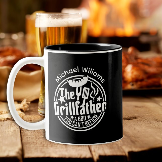 Caneca De Café Em Dois Tons Churrasco branco preto Pai personalizado Grilldad (Criador carregado)