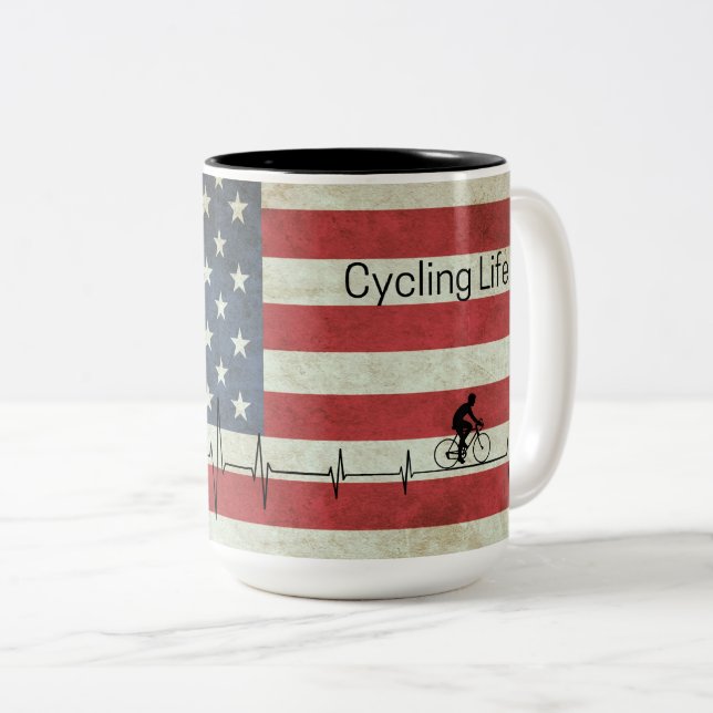 Caneca De Café Em Dois Tons Ciclismo, Estrelas e Stripes (Frente Esquerda)