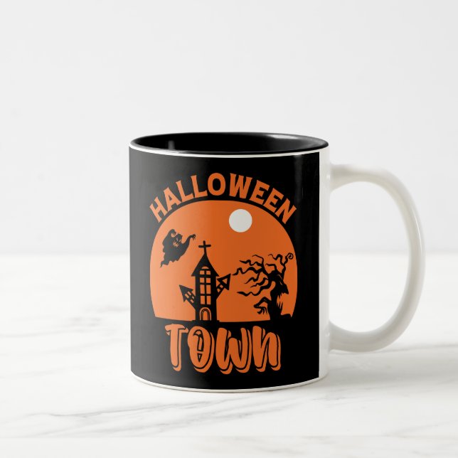 Caneca De Café Em Dois Tons Cidade do Halloween - Casa Assombrada e Abóbora (Direita)