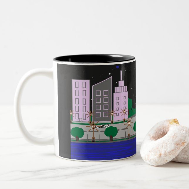 Caneca De Café Em Dois Tons Cidade Noturna (Com Donut)