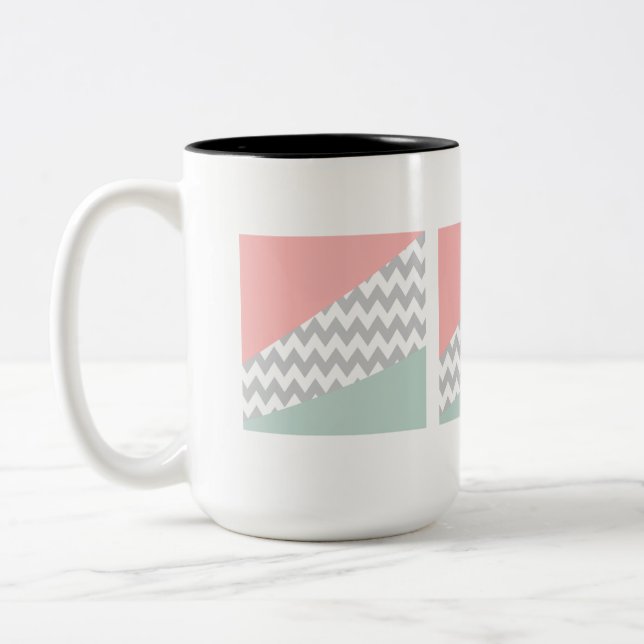 Caneca De Café Em Dois Tons Cinza Chevron Mint e Coral (Esquerda)
