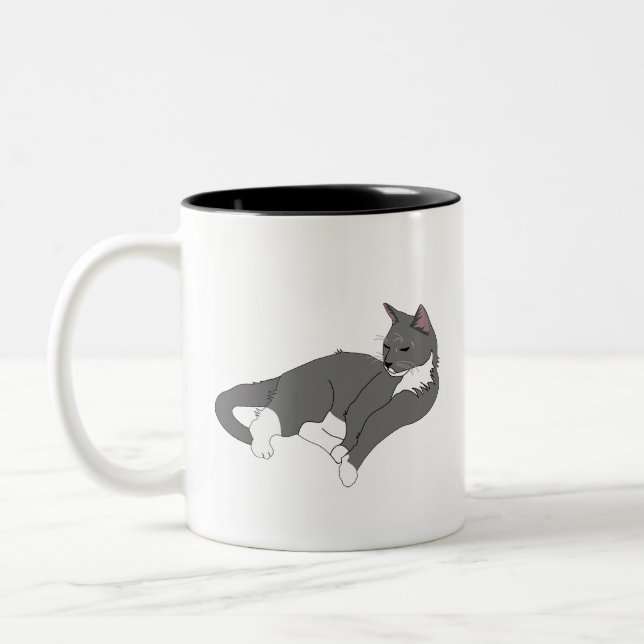 Caneca De Café Em Dois Tons Cinza e Gato de Tuxedo Branco (Esquerda)