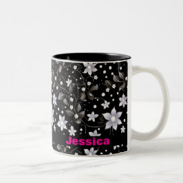 Caneca De Café Em Dois Tons Cinza e Padrão Floral Negro