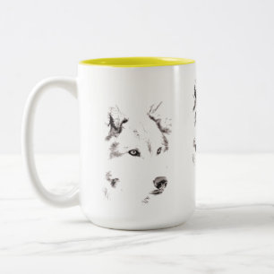 Caneca De Café Em Dois Tons Cinza Funky E Esquema Da Cabeça Do Lobo Branco