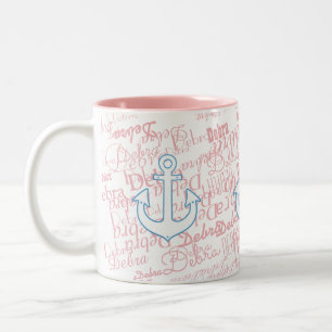 Caneca De Café Em Dois Tons cinza, náutica e com nome personalizado a rosa