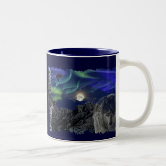 Caneca De Café Em Dois Tons Cinza Wolf, Ravens & Aurora & Totem Wildlife Mug