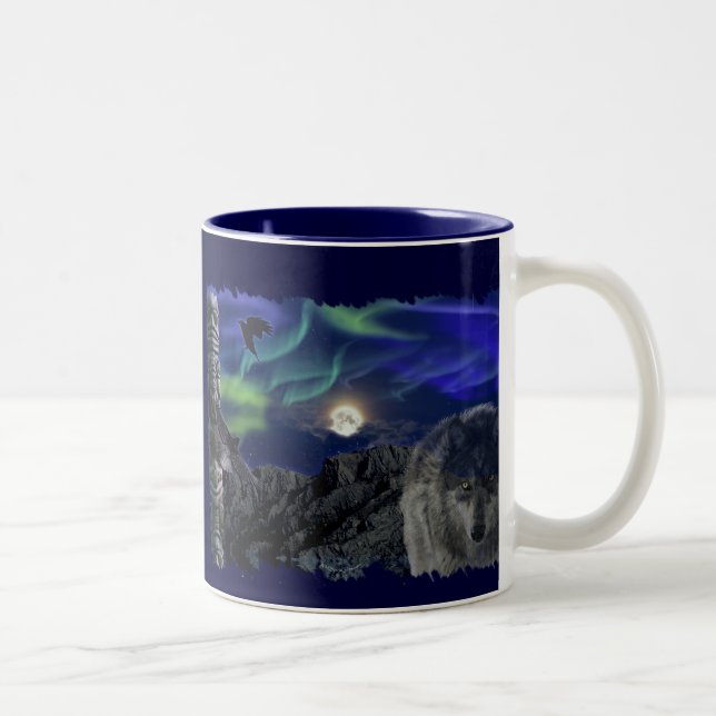 Caneca De Café Em Dois Tons Cinza Wolf, Ravens & Aurora & Totem Wildlife Mug (Direita)