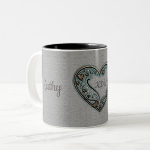 Caneca De Café Em Dois Tons Cinzas, Dourados e Turquesas