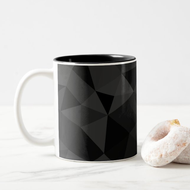 Caneca De Café Em Dois Tons Cinzas escuras e malhagem geométrica negra (Com Donut)