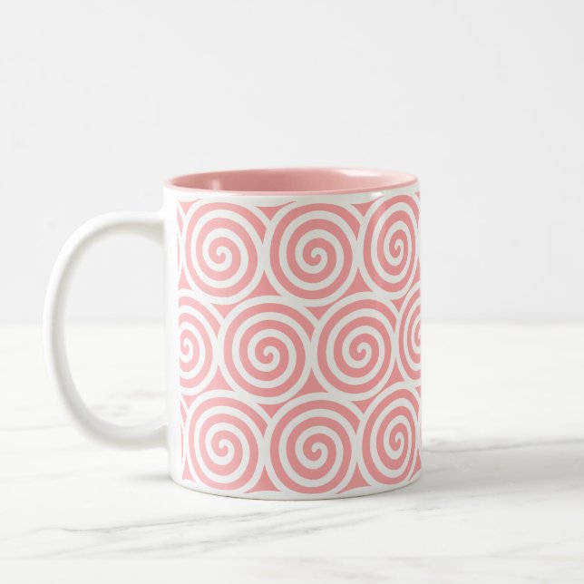 Caneca De Café Em Dois Tons Círculos Espirais Giratórios em Rosa e Branco (Esquerda)