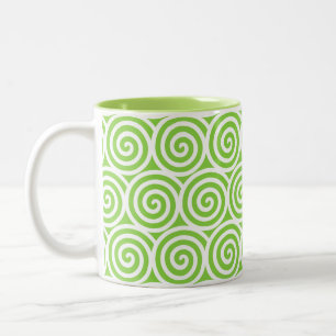 Caneca De Café Em Dois Tons Círculos Espirais Giratórios em Verde e Branco