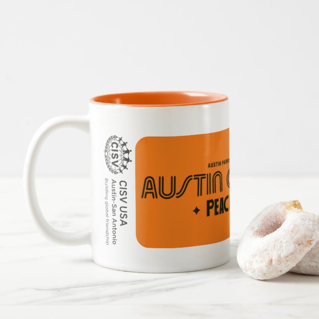 Caneca De Café Em Dois Tons CISV Austin "Limites CISV Austin"  (Com Donut)