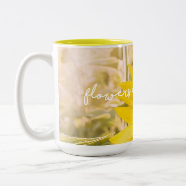 Caneca De Café Em Dois Tons Citação do girassol "flores são felicidade" (Esquerda)