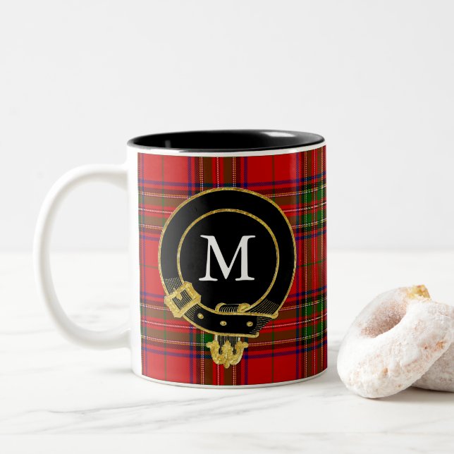 Caneca De Café Em Dois Tons Clã Escocês Crest Monograma Tartan (Com Donut)