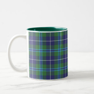 Caneca De Café Em Dois Tons Clã Plaid Rústico Douglas Tartan Azul Verde