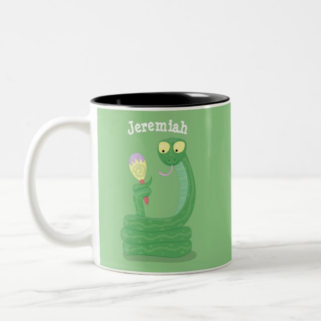 Caneca De Café Em Dois Tons Cobra verde engraçado com desenhos de maraca (Esquerda)