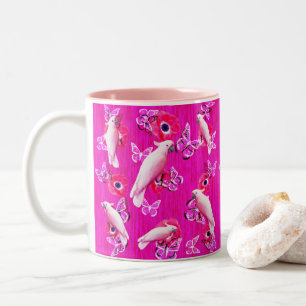 Caneca De Café Em Dois Tons Cockatoas Brancas, Borboletas E Pópias Rosa,