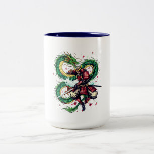Caneca De Café Em Dois Tons Código Bushido Samurai com Dragão e Flores de Saku