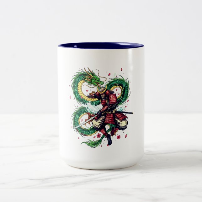 Caneca De Café Em Dois Tons Código Bushido Samurai com Dragão e Flores de Saku (Centro)