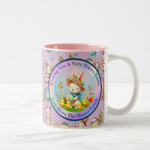 Caneca De Café Em Dois Tons Coelhinho de Páscoa Fofo e Flores Felizes de Prima