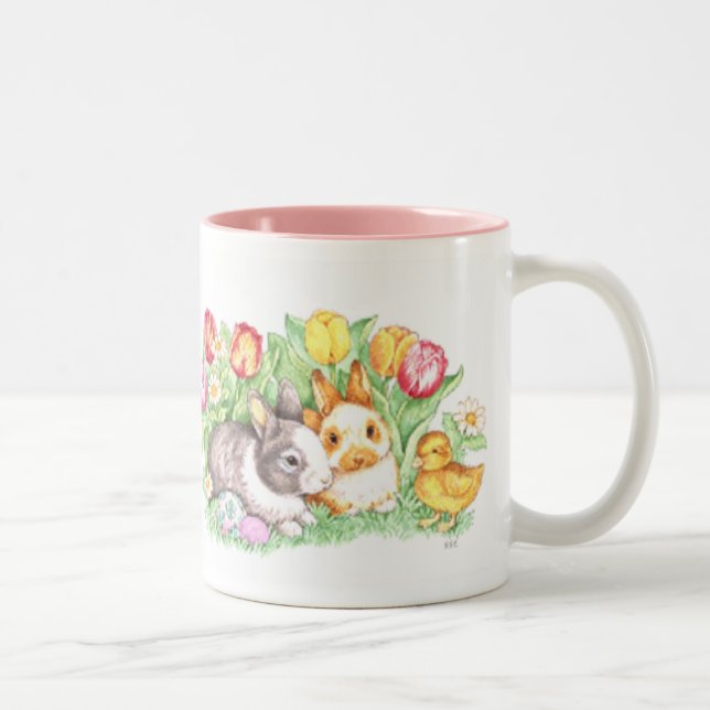 Caneca De Café Em Dois Tons Coelhinhos da Páscoa, patinho e tulipas (Direita)