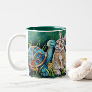 Caneca De Café Em Dois Tons Coelho Algodão e Estátua de Tartaruga Arte Aquarel