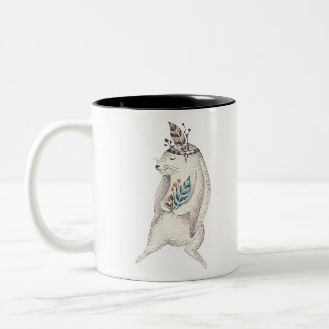 Caneca De Café Em Dois Tons Coelho Boho Aquarela (Esquerda)