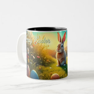 Caneca De Café Em Dois Tons Coelho da Páscoa e Ovos Coloridos na Primavera Mag